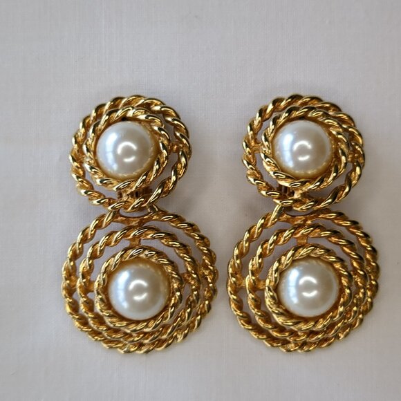 Vintage Gold-Tone and Faux Pearl Drop Earrings - Picture 8 of 11